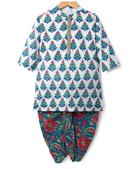 Babyhug Cambric Full Sleeves Floral Printed Kurta Dhoti Set - White
