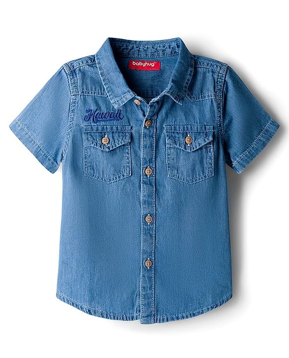 Babyhug Cotton Woven Half Sleeves Denim Washed Shirt With Text Embriodery - Blue