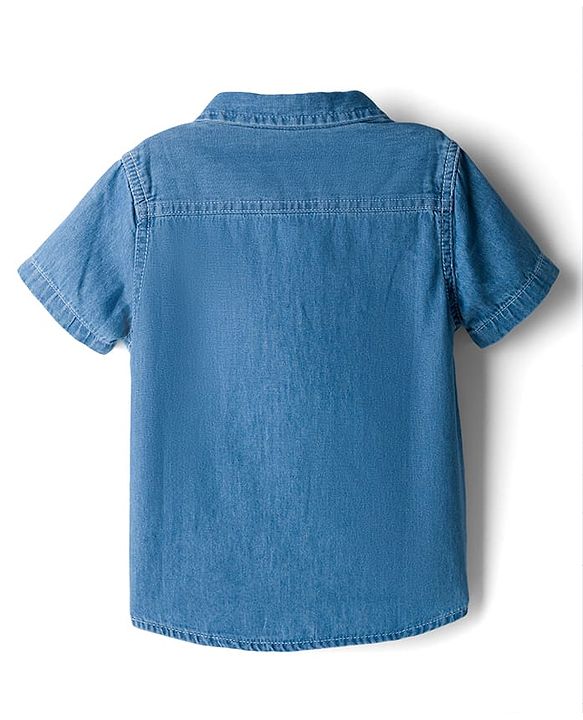 Babyhug Cotton Woven Half Sleeves Denim Washed Shirt With Text Embriodery - Blue