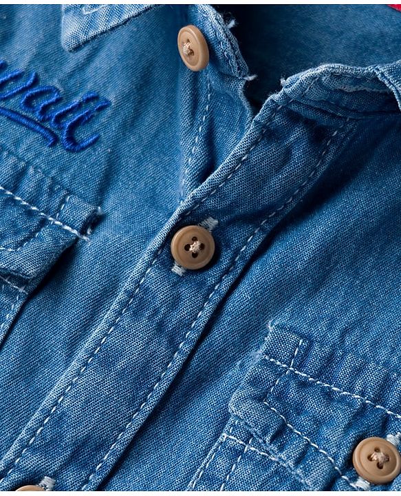 Babyhug Cotton Woven Half Sleeves Denim Washed Shirt With Text Embriodery - Blue