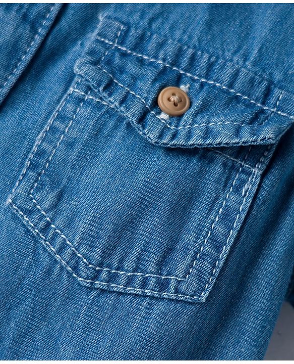 Babyhug Cotton Woven Half Sleeves Denim Washed Shirt With Text Embriodery - Blue