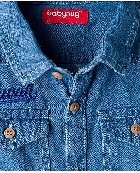 Babyhug Cotton Woven Half Sleeves Denim Washed Shirt With Text Embriodery - Blue