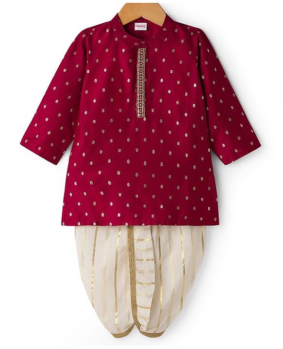 Babyhug Cotton Blend Full Sleeves Foil Printed Kurta Dhoti Set with Lace Detailing - Red