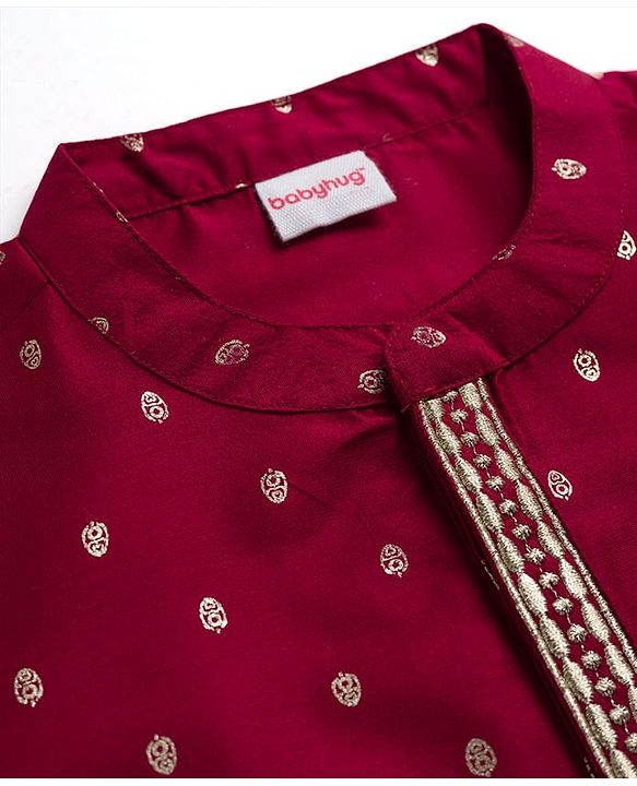 Babyhug Cotton Blend Full Sleeves Foil Printed Kurta Dhoti Set with Lace Detailing - Red