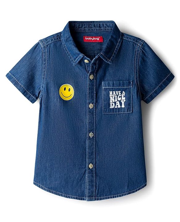 Babyhug Cotton Woven Half Sleeves Washed Shirt With Text Print - Blue