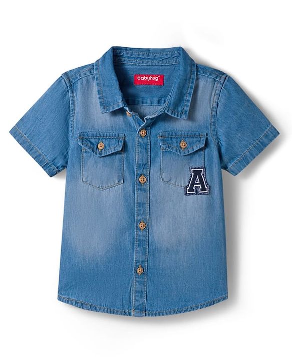 Babyhug Denim Woven Half Sleeve Washed Shirt With Text Embroidery - Blue