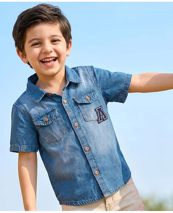 Babyhug Denim Woven Half Sleeve Washed Shirt With Text Embroidery - Blue