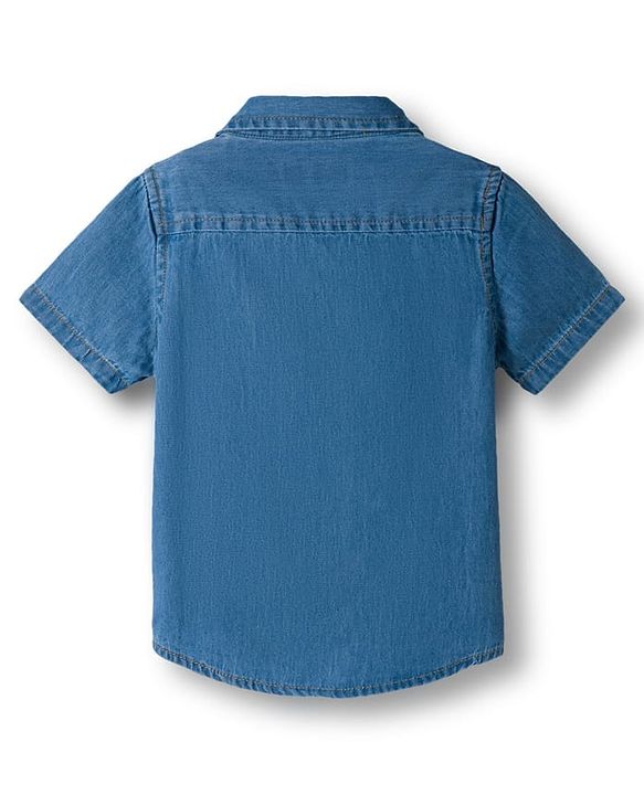 Babyhug Denim Woven Half Sleeve Washed Shirt With Text Embroidery - Blue