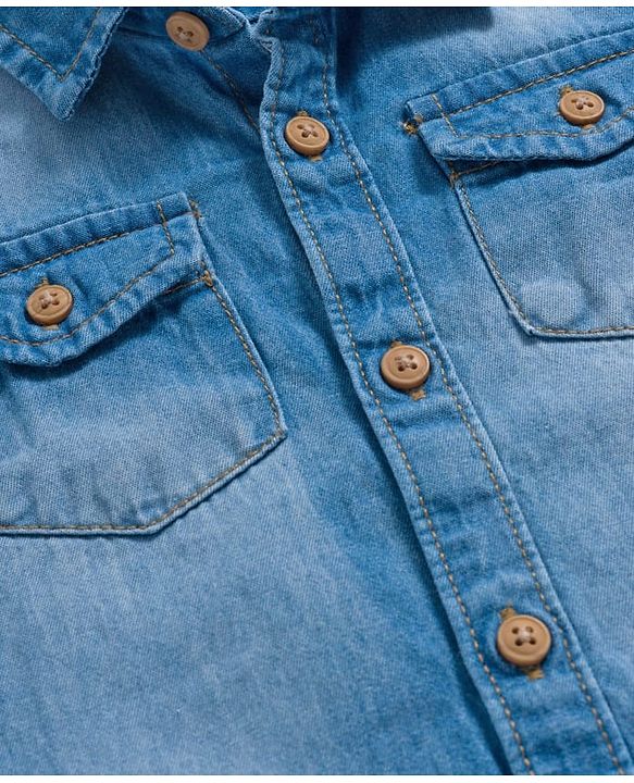 Babyhug Denim Woven Half Sleeve Washed Shirt With Text Embroidery - Blue