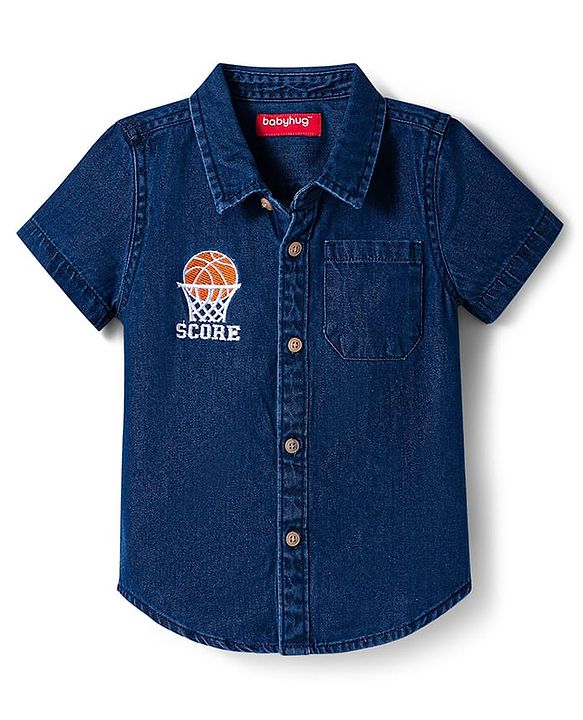 Babyhug Cotton Woven Half Sleeves Denim Shirt With Basketball Embriodery - Blue