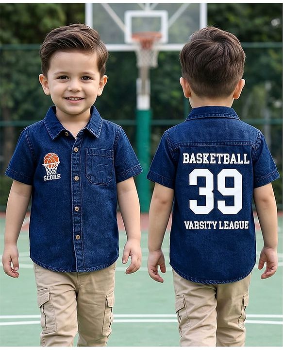 Babyhug Cotton Woven Half Sleeves Denim Shirt With Basketball Embriodery - Blue