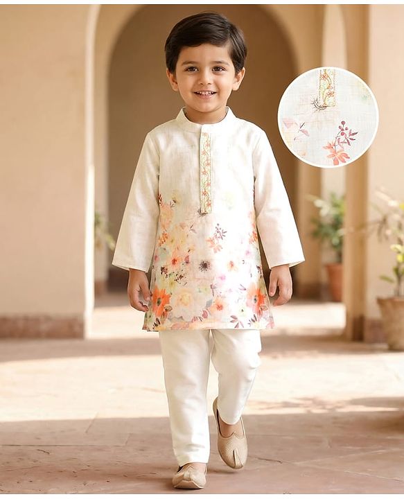 Babyhug Lurex Dobby Woven Full Sleeves Kurta Pajam Set Floral Print - Beige