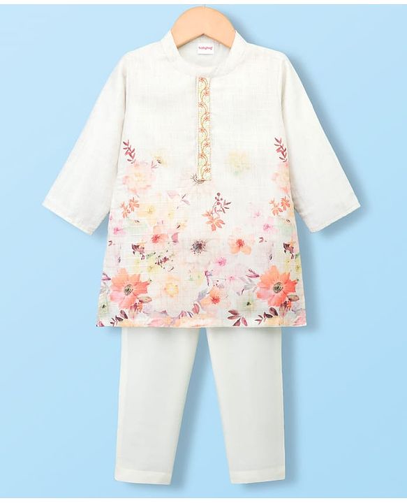 Babyhug Lurex Dobby Woven Full Sleeves Kurta Pajam Set Floral Print - Beige