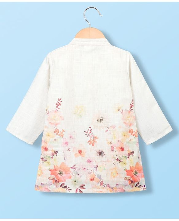 Babyhug Lurex Dobby Woven Full Sleeves Kurta Pajam Set Floral Print - Beige
