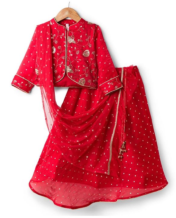 Babyhug Silk Woven Three Fourth Sleeves Choli Lehenga & Dupatta Set With Sequin Detailing & Floral Embroidery - Red