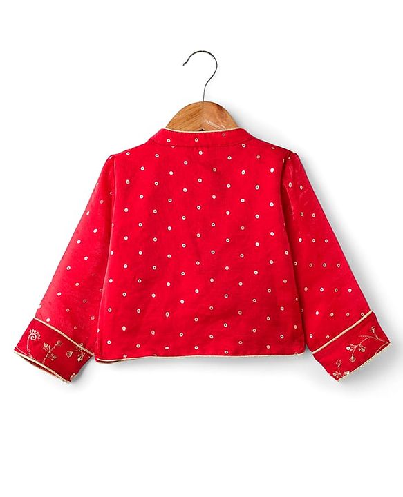 Babyhug Silk Woven Three Fourth Sleeves Choli Lehenga & Dupatta Set With Sequin Detailing & Floral Embroidery - Red