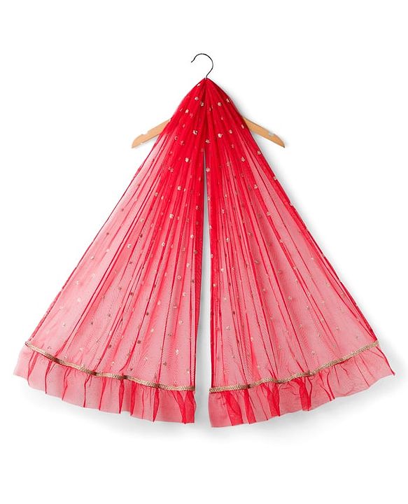 Babyhug Silk Woven Three Fourth Sleeves Choli Lehenga & Dupatta Set With Sequin Detailing & Floral Embroidery - Red
