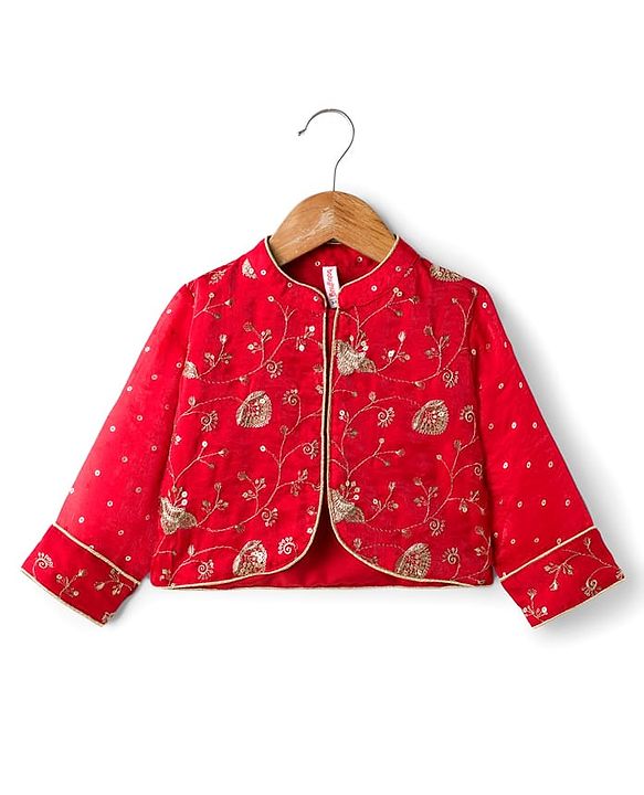 Babyhug Silk Woven Three Fourth Sleeves Choli Lehenga & Dupatta Set With Sequin Detailing & Floral Embroidery - Red
