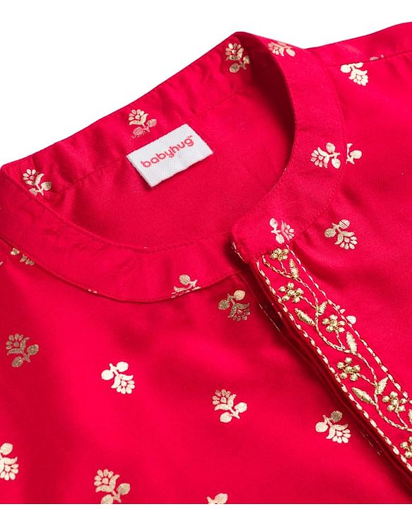 Babyhug Brocade Full Sleeves Foil Printed Kurta Dhoti Set with Lace Detailing - Red
