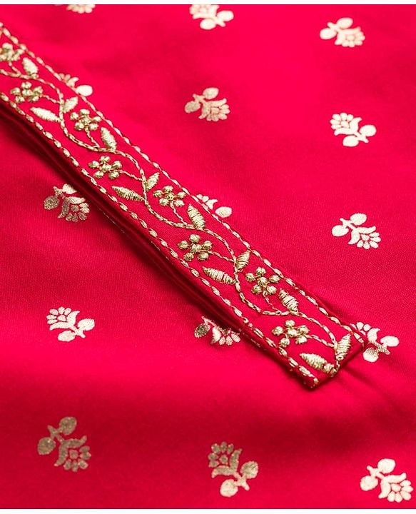 Babyhug Brocade Full Sleeves Foil Printed Kurta Dhoti Set with Lace Detailing - Red