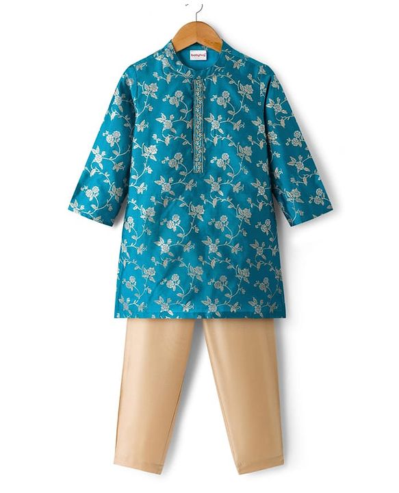 Babyhug Brocade Woven Full Sleeves Kurta Pyjama Set With Foil Floral Print - Teal Blue