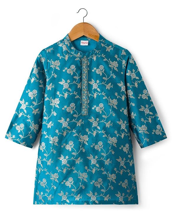 Babyhug Brocade Woven Full Sleeves Kurta Pyjama Set With Foil Floral Print - Teal Blue