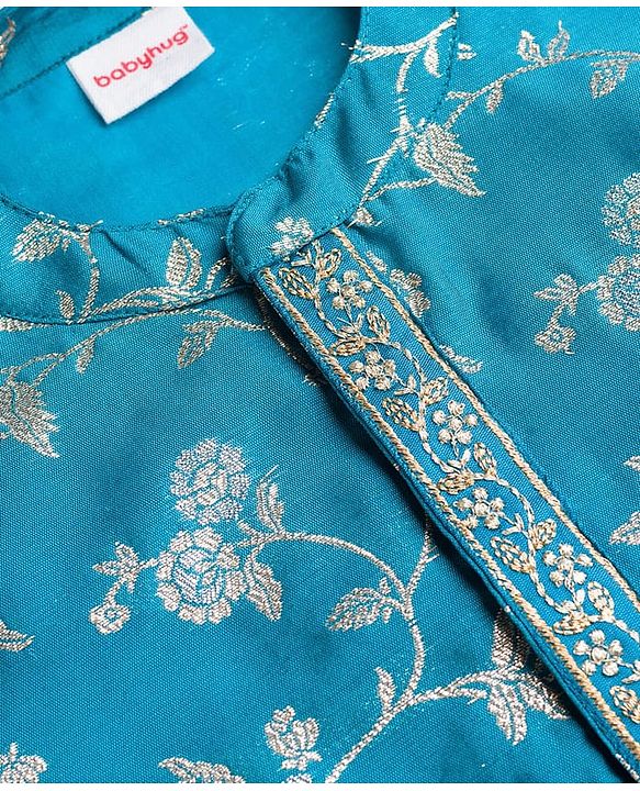 Babyhug Brocade Woven Full Sleeves Kurta Pyjama Set With Foil Floral Print - Teal Blue