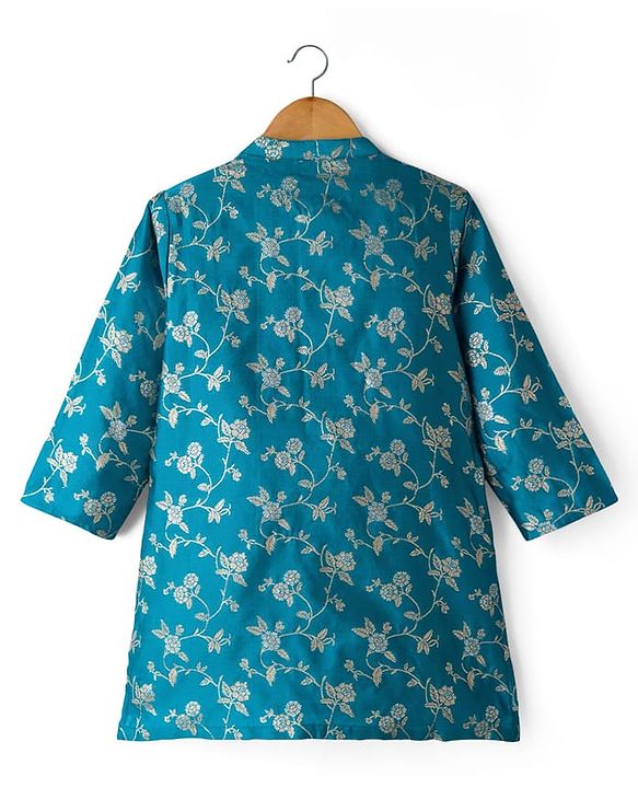 Babyhug Brocade Woven Full Sleeves Kurta Pyjama Set With Foil Floral Print - Teal Blue
