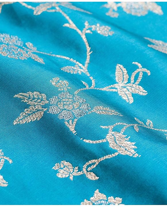 Babyhug Brocade Woven Full Sleeves Kurta Pyjama Set With Foil Floral Print - Teal Blue