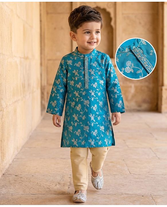 Babyhug Brocade Woven Full Sleeves Kurta Pyjama Set With Foil Floral Print - Teal Blue