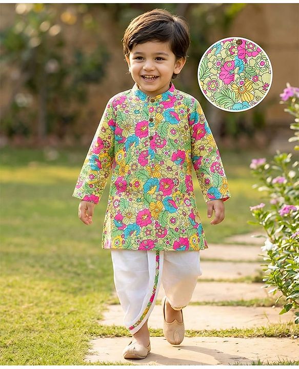 Babyhug Woven Full Sleeves Cambric Floral Printed Kurta Dhoti Set - Multicolor