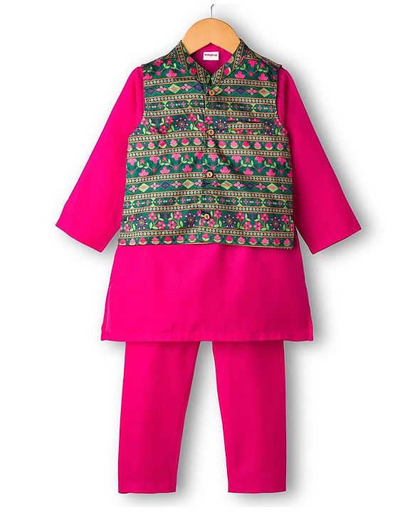 Babyhug Cambric Full Sleeves Kurta Pajama Set with Jacket & Floral Print - Fuchsia