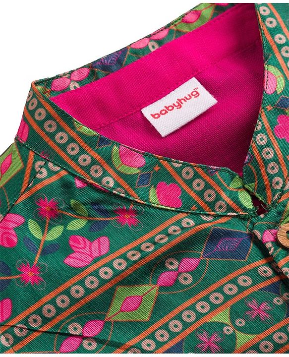 Babyhug Cambric Full Sleeves Kurta Pajama Set with Jacket & Floral Print - Fuchsia