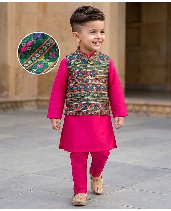 Babyhug Cambric Full Sleeves Kurta Pajama Set with Jacket & Floral Print - Fuchsia