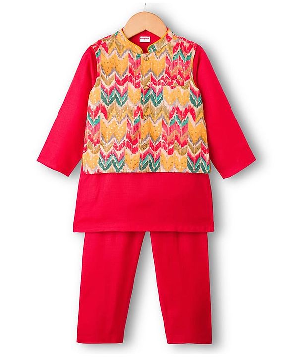 Babyhug Cambric Full Sleeves Kurta Pajama Set with Jacket Embroidery & Sequin Detailing - Red