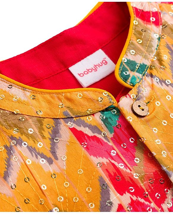 Babyhug Cambric Full Sleeves Kurta Pajama Set with Jacket Embroidery & Sequin Detailing - Red
