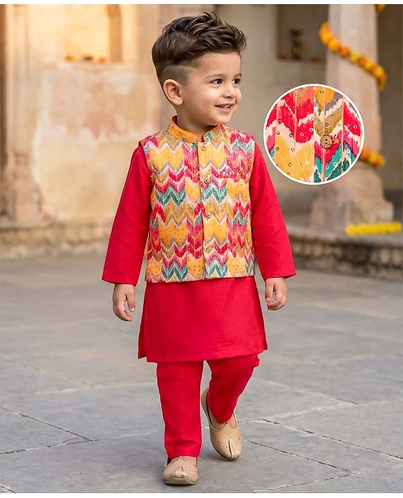 Babyhug Cambric Full Sleeves Kurta Pajama Set with Jacket Embroidery & Sequin Detailing - Red