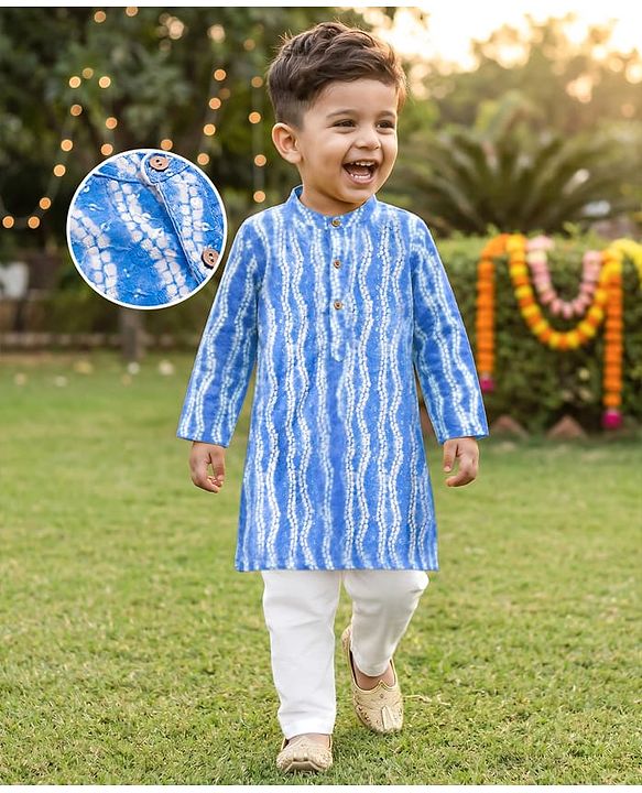 Babyhug Woven Full Sleeves Kurta Pajama Set with Hakkoba Embroidery & Sequin Detailing - Blue