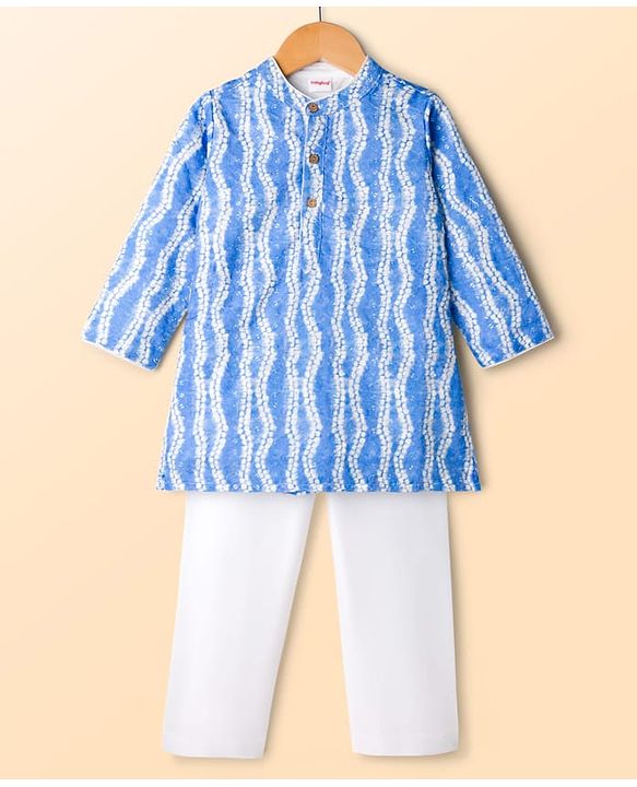 Babyhug Woven Full Sleeves Kurta Pajama Set with Hakkoba Embroidery & Sequin Detailing - Blue