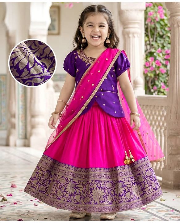 Babyhug Brocade Woven Half Puffed Sleeves Pattu Pavda Lehenga Set with Dupatta & Embroidery - Purple & Fuchsia