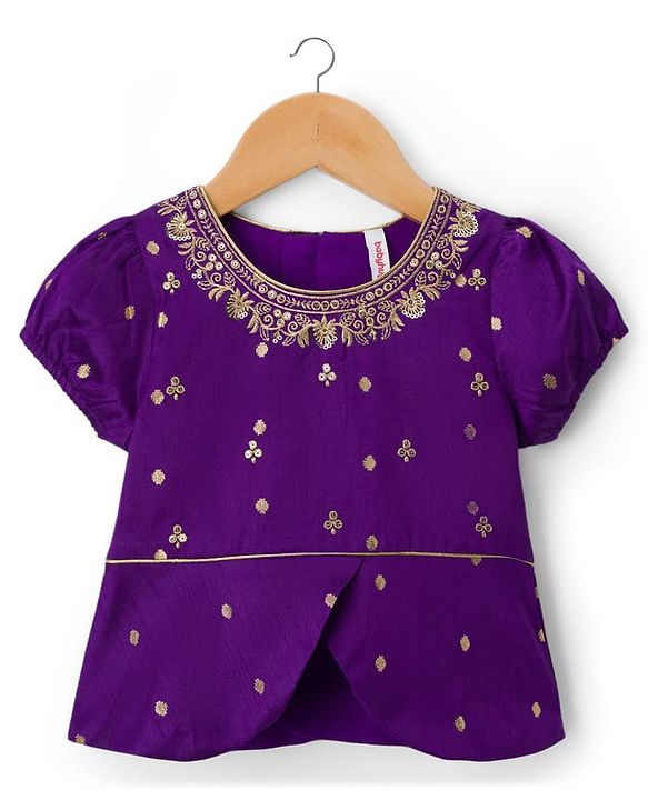 Babyhug Brocade Woven Half Puffed Sleeves Pattu Pavda Lehenga Set with Dupatta & Embroidery - Purple & Fuchsia