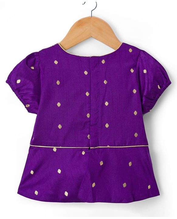 Babyhug Brocade Woven Half Puffed Sleeves Pattu Pavda Lehenga Set with Dupatta & Embroidery - Purple & Fuchsia
