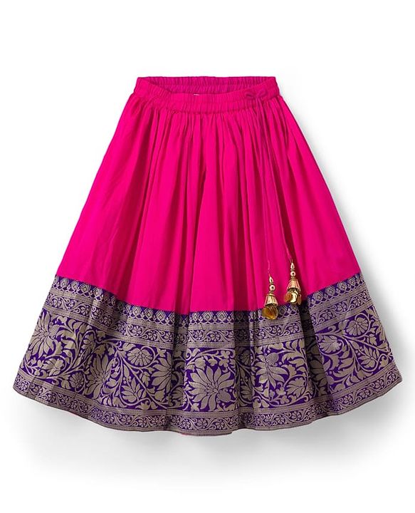 Babyhug Brocade Woven Half Puffed Sleeves Pattu Pavda Lehenga Set with Dupatta & Embroidery - Purple & Fuchsia