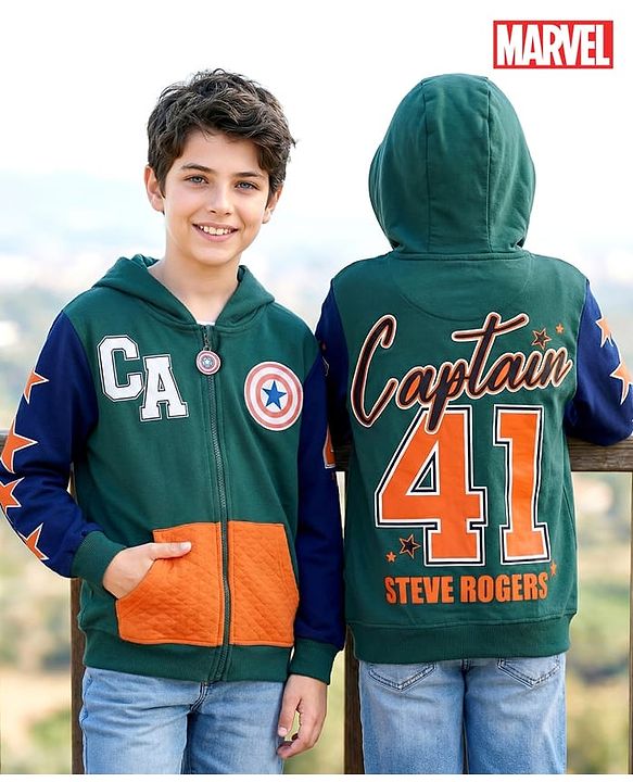 Pine Kids Marvel Terry Knit Full Sleeves Hooded Sweatshirt with Front and Back Avengers Graphics and Badge Detailing - Green