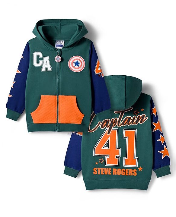 Pine Kids Marvel Terry Knit Full Sleeves Hooded Sweatshirt with Front and Back Avengers Graphics and Badge Detailing - Green