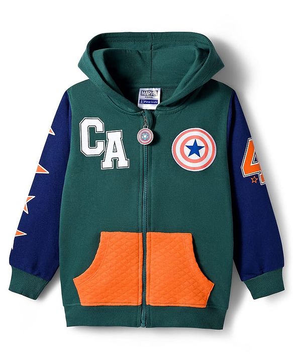 Pine Kids Marvel Terry Knit Full Sleeves Hooded Sweatshirt with Front and Back Avengers Graphics and Badge Detailing - Green