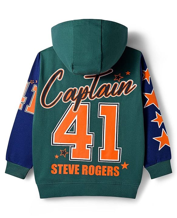 Pine Kids Marvel Terry Knit Full Sleeves Hooded Sweatshirt with Front and Back Avengers Graphics and Badge Detailing - Green