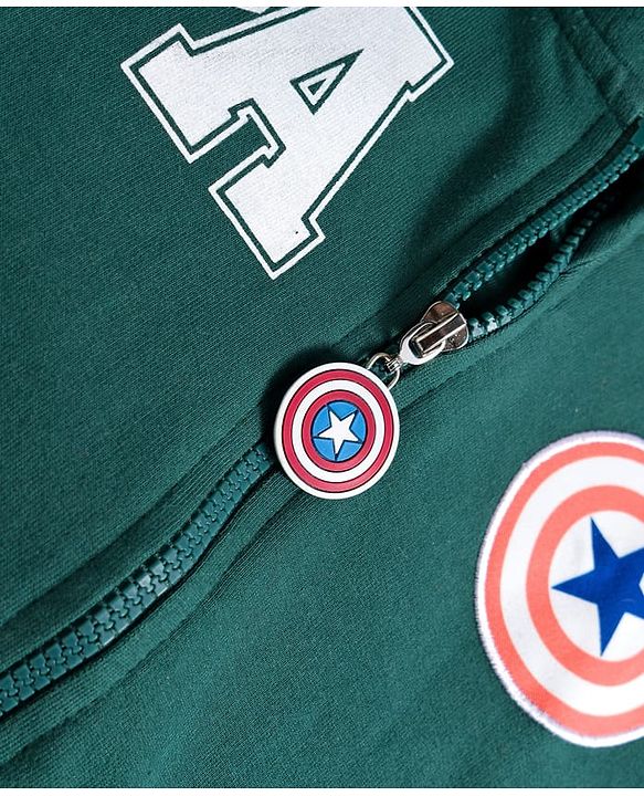 Pine Kids Marvel Terry Knit Full Sleeves Hooded Sweatshirt with Front and Back Avengers Graphics and Badge Detailing - Green