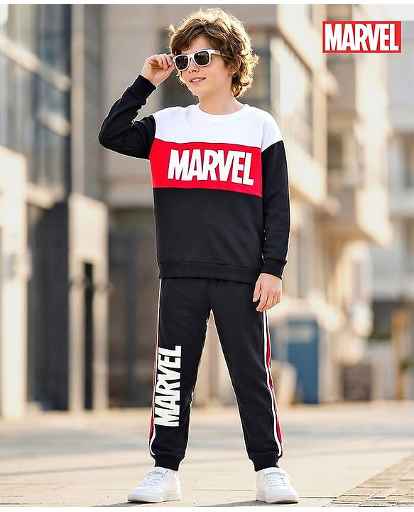 Pine Kids Marvel Terry Knit Oversize Drop Shoulder Full Sleeves T-Shirt and Joggers Set with Avengers Graphics - Black