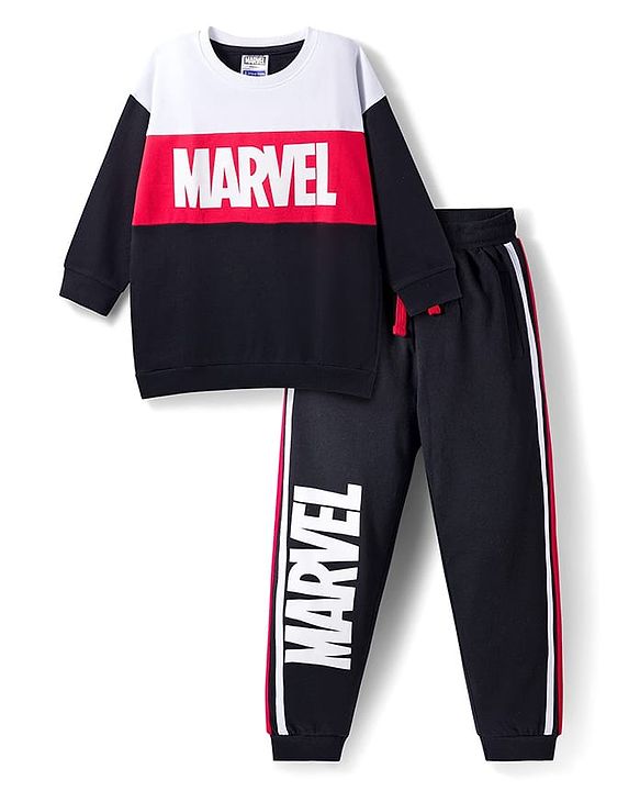Pine Kids Marvel Terry Knit Oversize Drop Shoulder Full Sleeves T-Shirt and Joggers Set with Avengers Graphics - Black